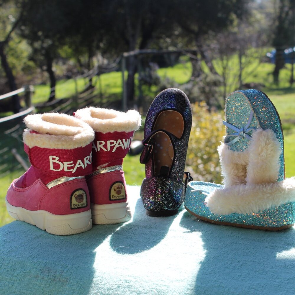 BearPaw pink boots Size 7 + Black Strap Sparkle Size 8 + New Blue Slipper Size 7
